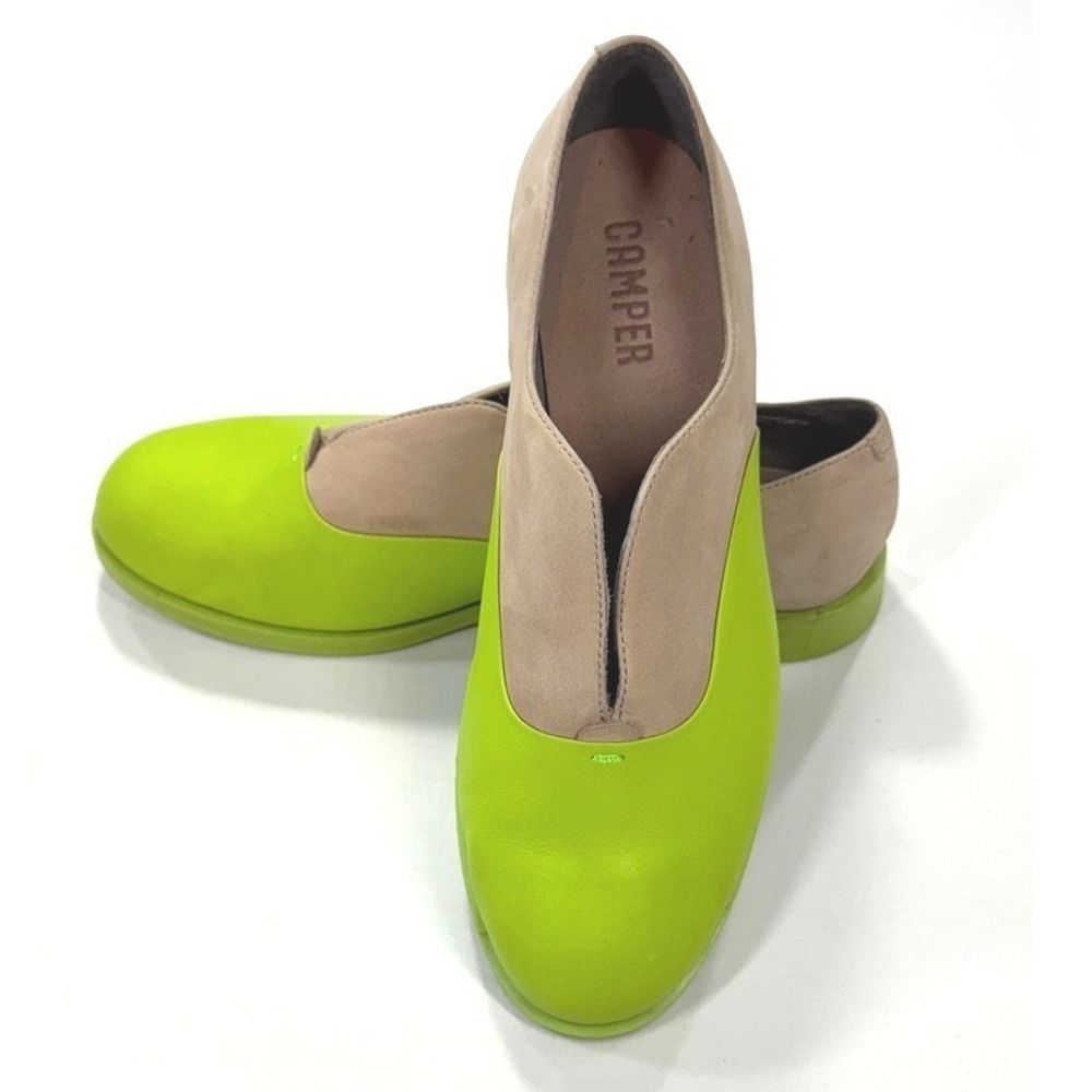 Camper Two-Tone Lime Green and Beige Slip-On Flats
